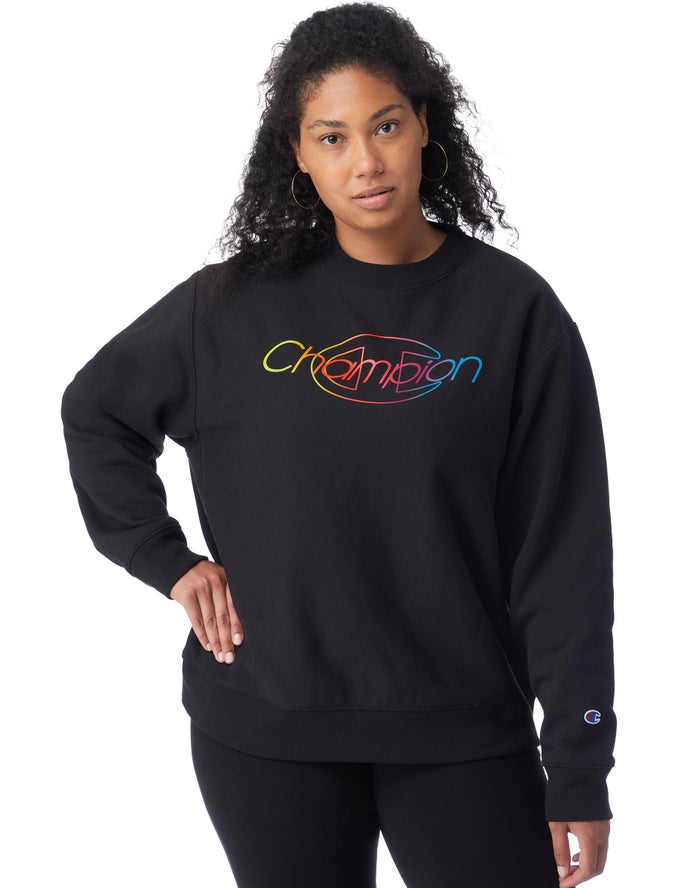 Champion Womens Sweatshirt NZ - Plus Reverse Weave Crew Rainbow Logo Black ( 6127-CYENZ )